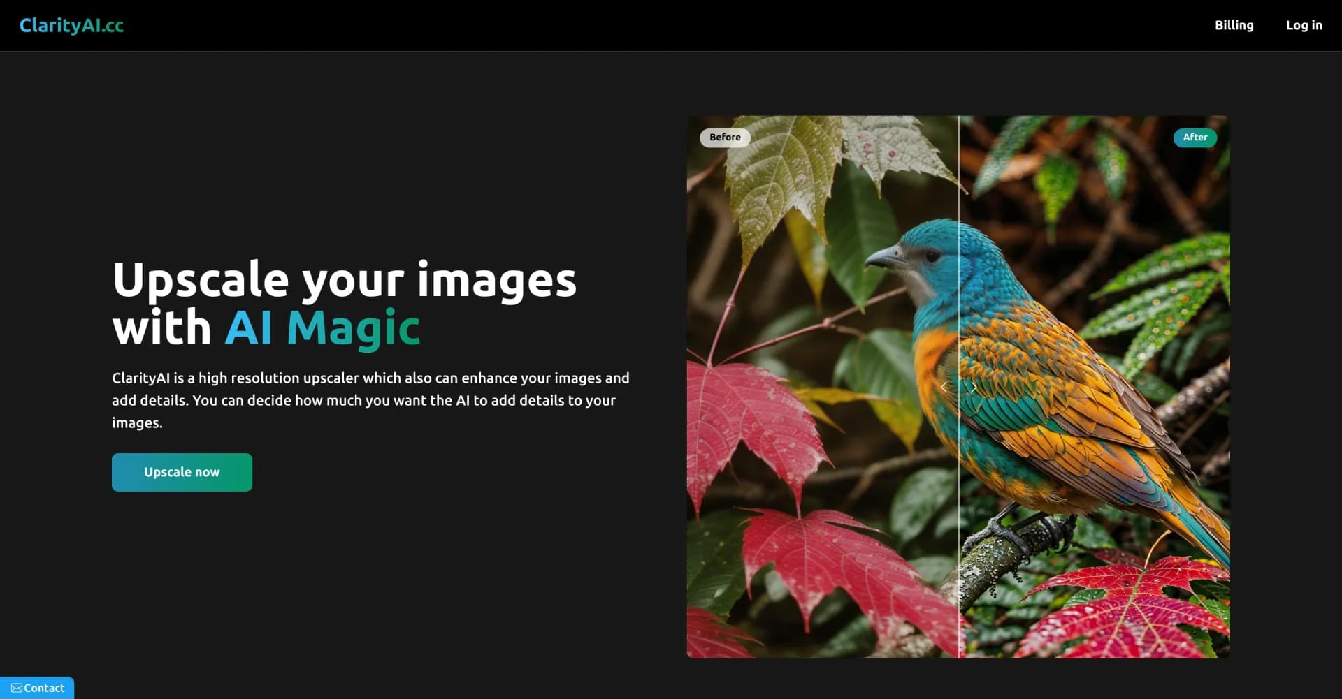 ClarityAI homepage screenshot — Upscale and enhance images with AI magic