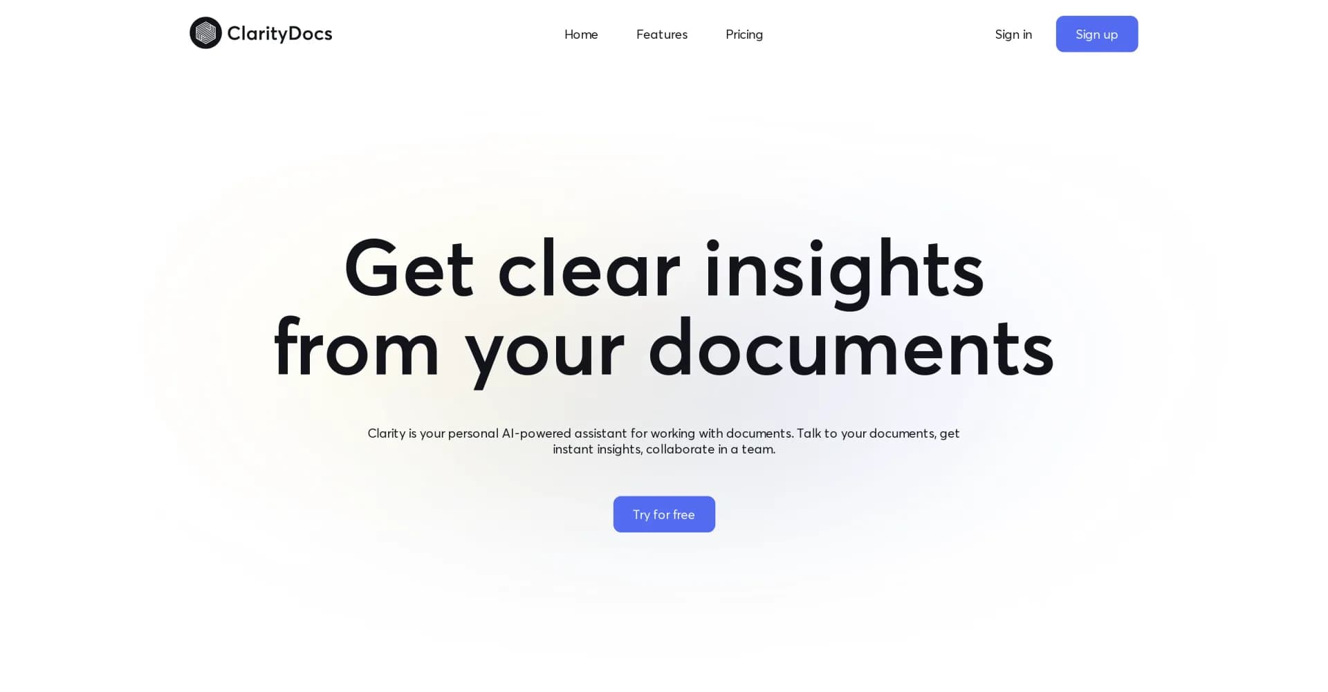 ClarityDocs homepage screenshot — AI-powered assistant for instant document insights