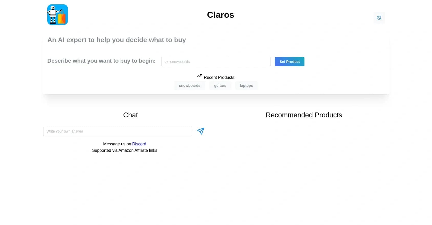 Claros homepage screenshot — AI expert to help you decide what to buy.