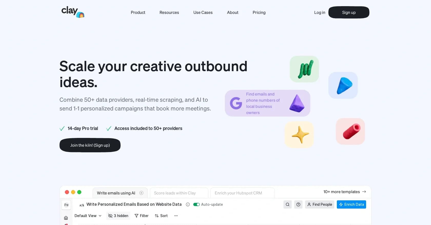 Clay homepage screenshot — Scale personalized outbound campaigns with AI and data.