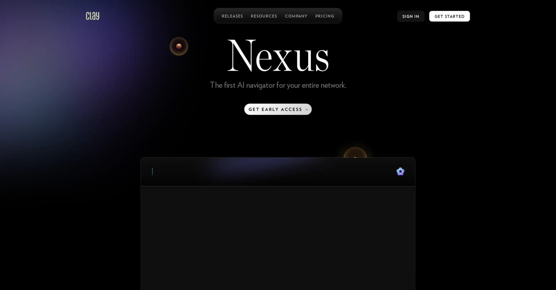 Clay Nexus homepage screenshot — The first AI navigator for your entire network.