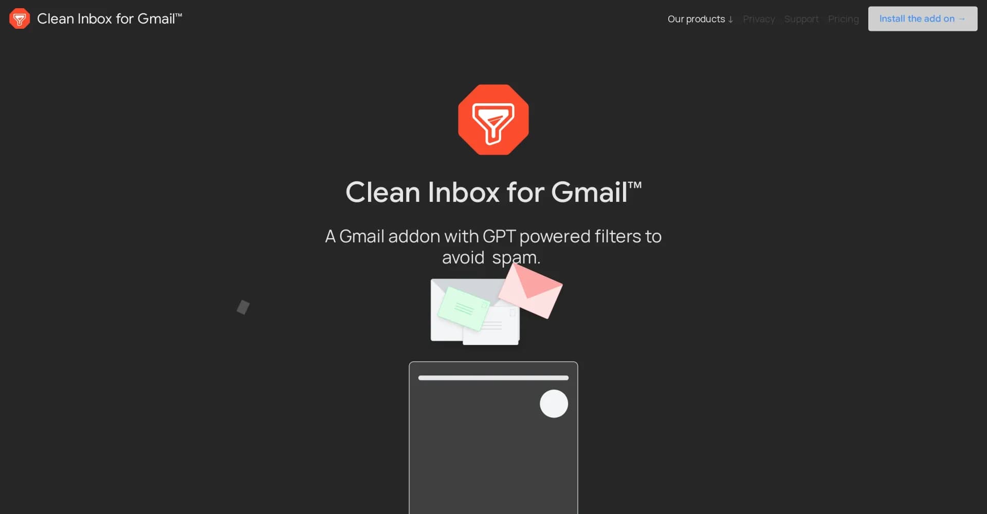 Clean Inbox for Gmail homepage screenshot — GPT-powered filters for a cleaner Gmail inbox.