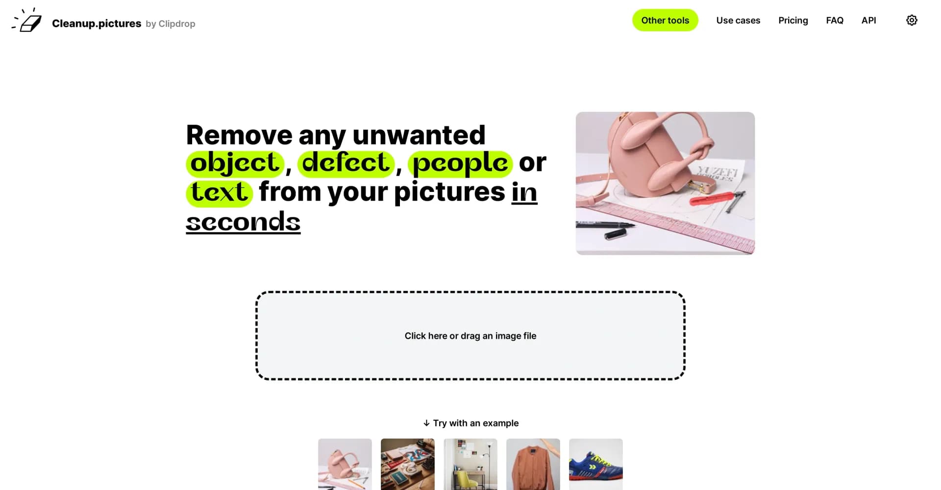 Cleanup pictures homepage screenshot — Remove unwanted elements from photos instantly.