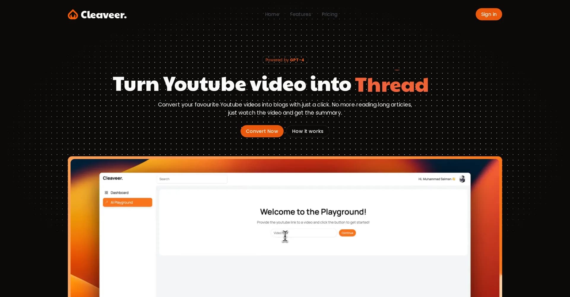 Cleaveer homepage screenshot — Turn YouTube videos into engaging content.
