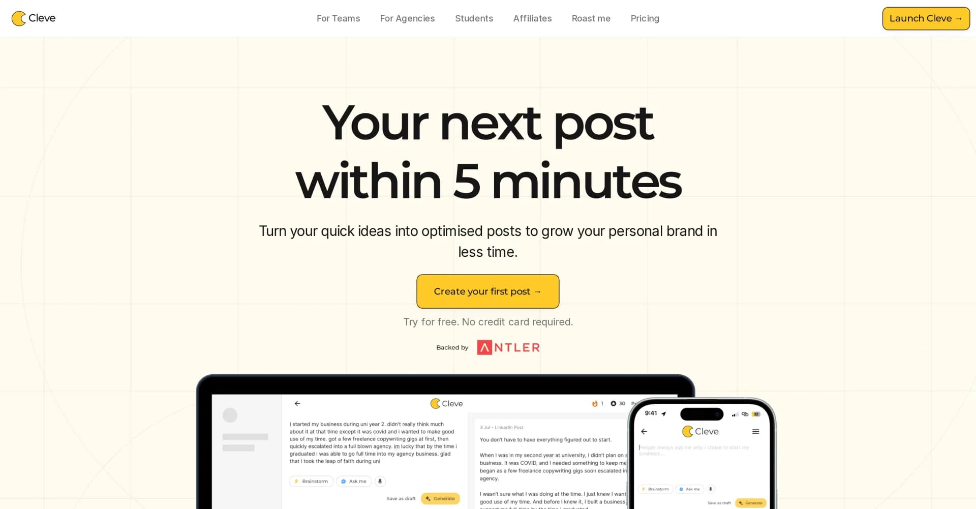 Cleve homepage screenshot — Turn quick ideas into optimized brand-building posts.