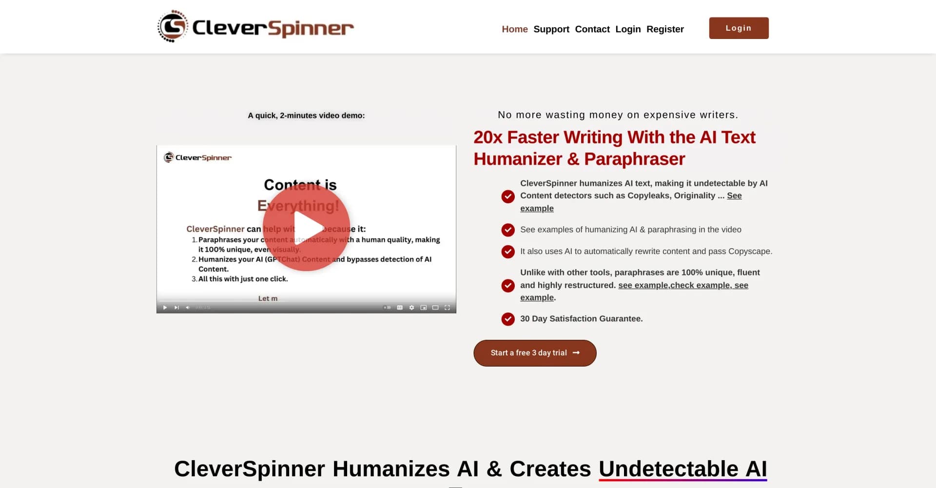 CleverSpinner homepage screenshot — Humanize AI text and rewrite content undetectably.