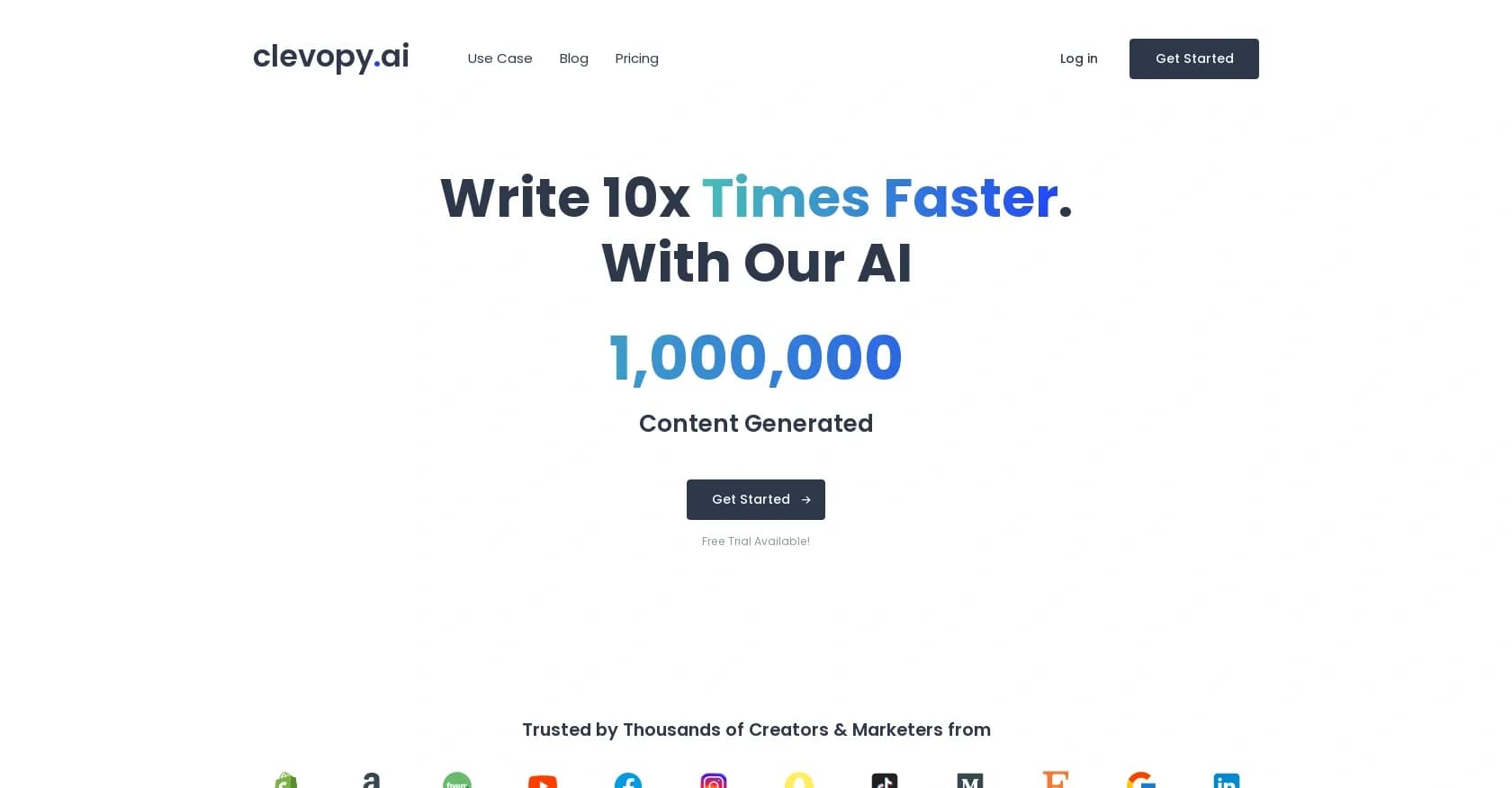 ClevopyAI homepage screenshot — Write 10x faster with AI.
