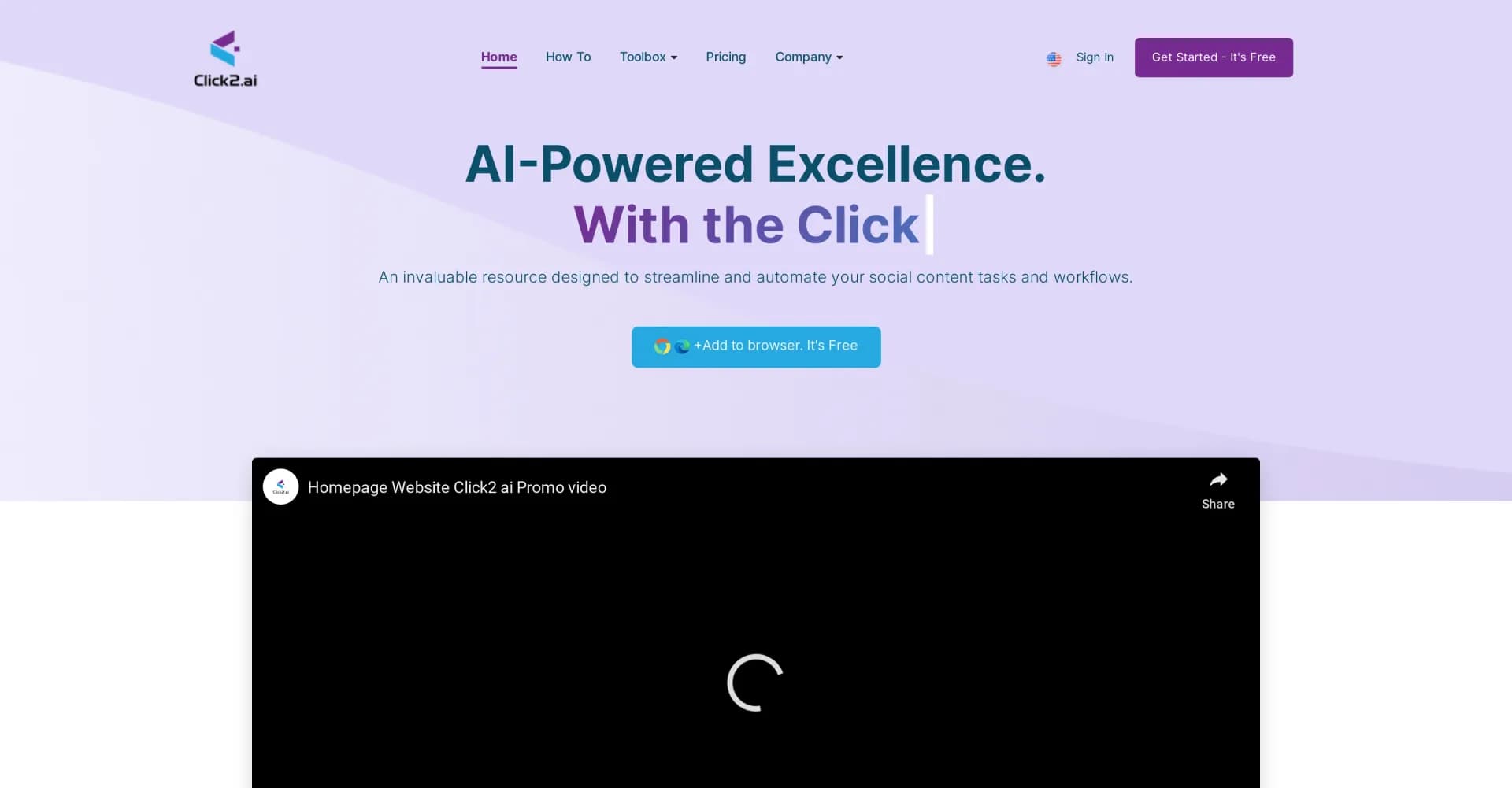 Click2.ai homepage screenshot — AI-powered content creation templates for marketing