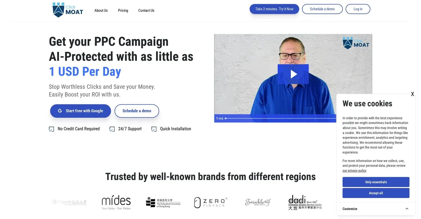 ClickMoat homepage screenshot — AI-powered click fraud protection for PPC campaigns.