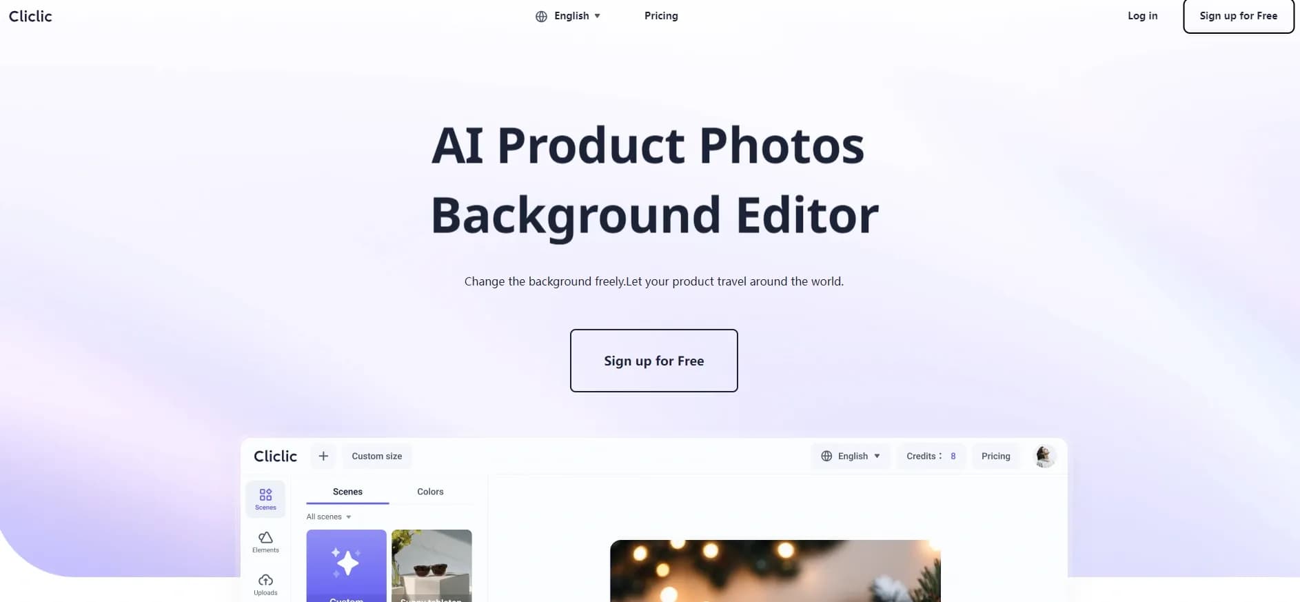 Cliclic homepage screenshot — AI-powered product photo editor for stunning scenes