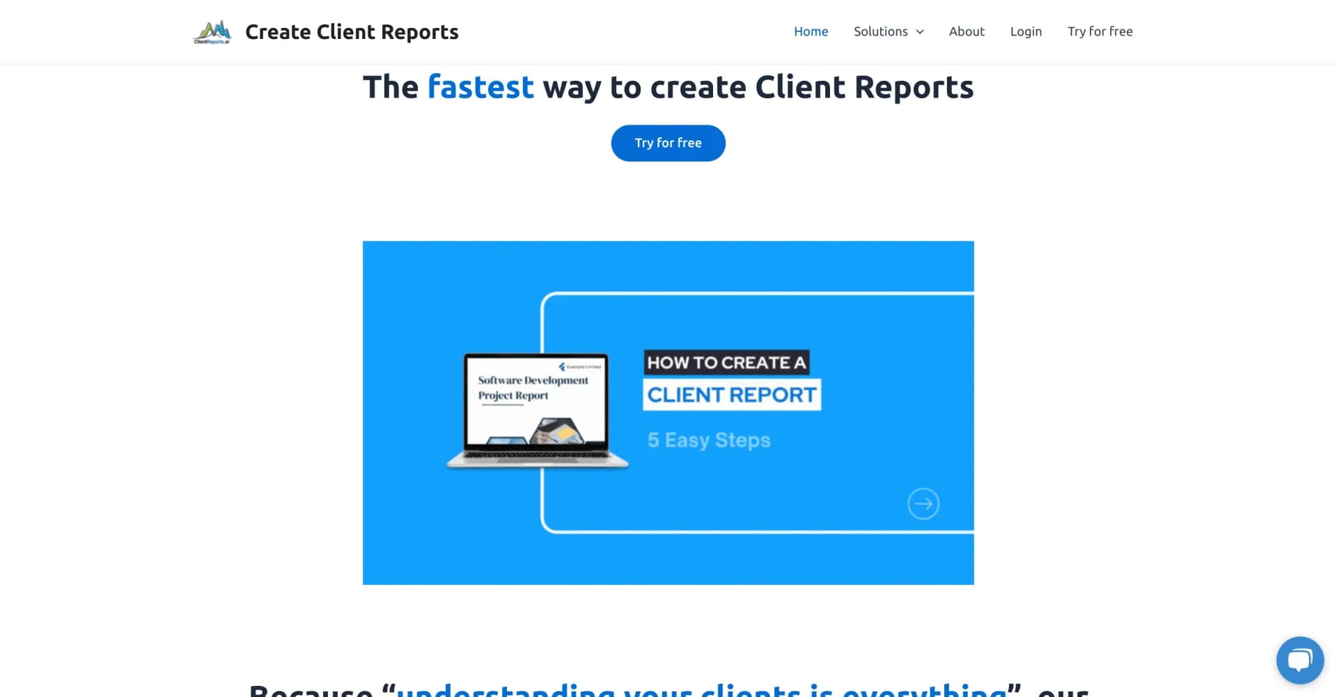 Client Reports homepage screenshot — Create client reports instantly with AI-powered insights.