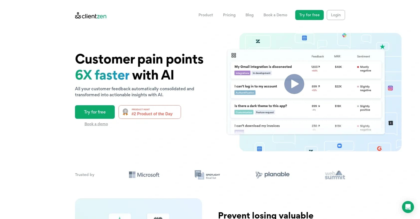 ClientZen homepage screenshot — Uncover customer pain points 6X faster with AI.