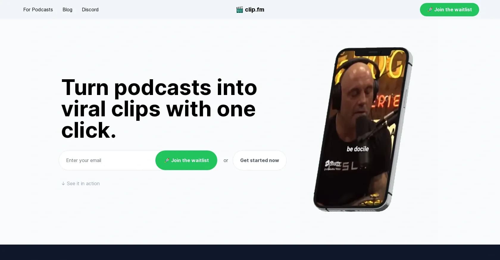 Clip FM homepage screenshot — Turn podcasts into viral clips with one click.