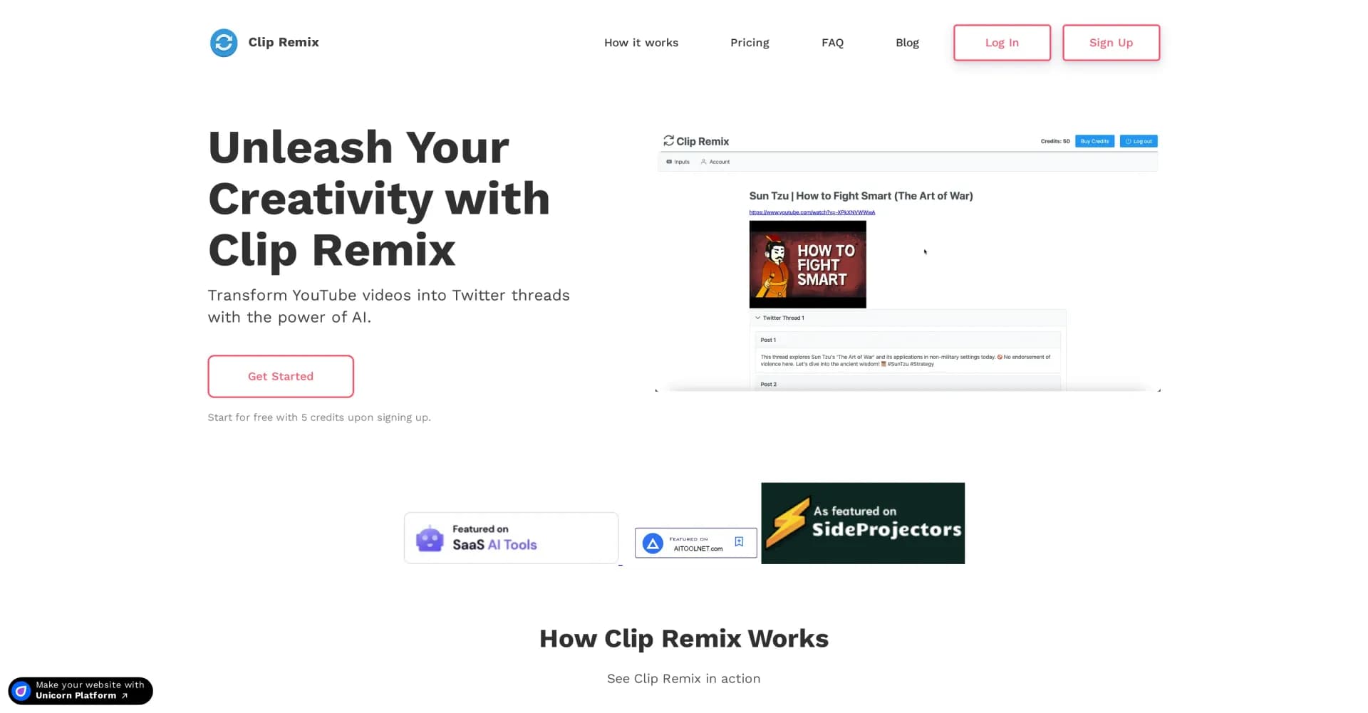 Clip Remix homepage screenshot — Transform YouTube videos into Twitter threads with AI.