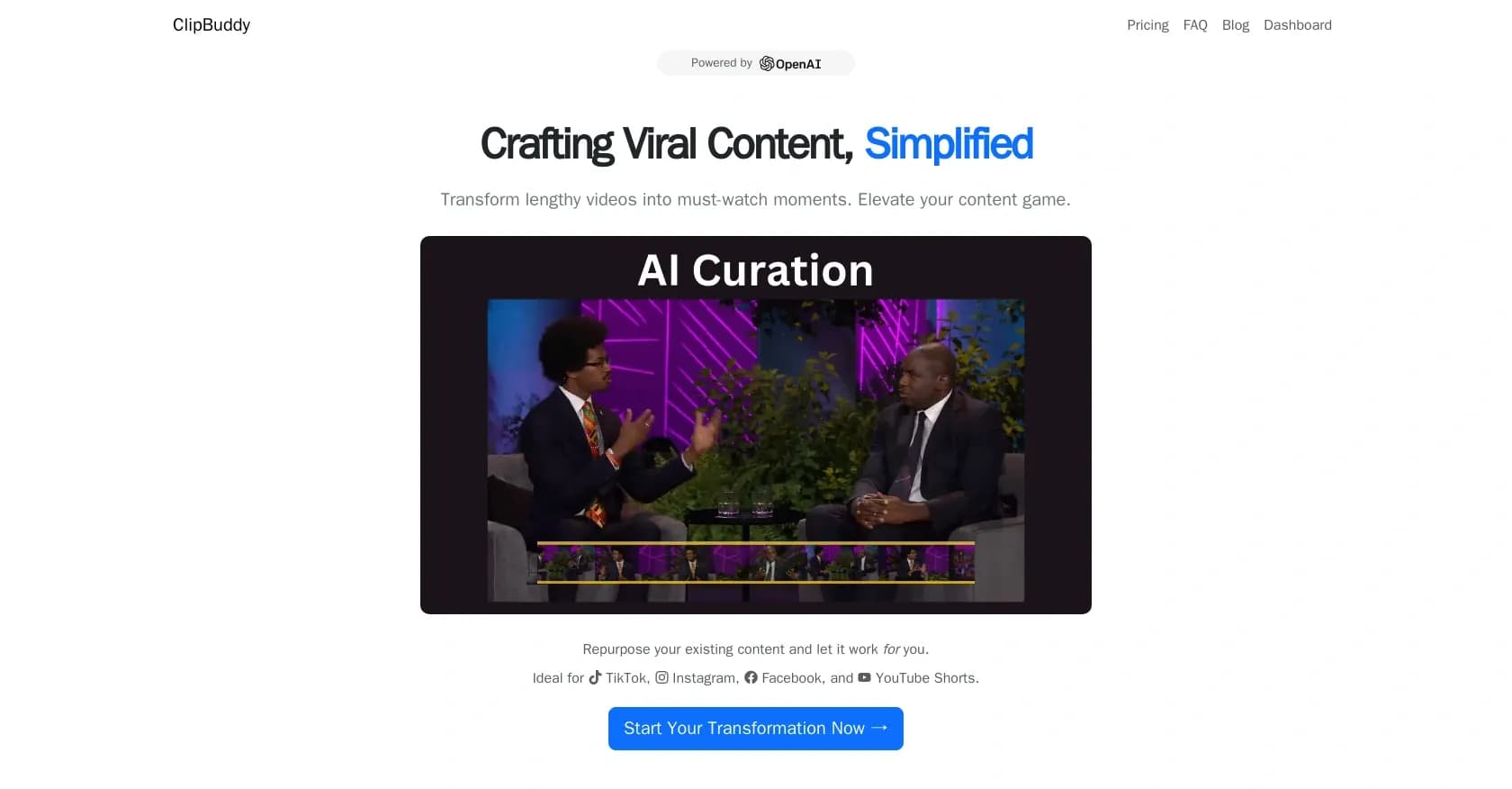 ClipBuddy homepage screenshot — Transform long videos into viral short clips.