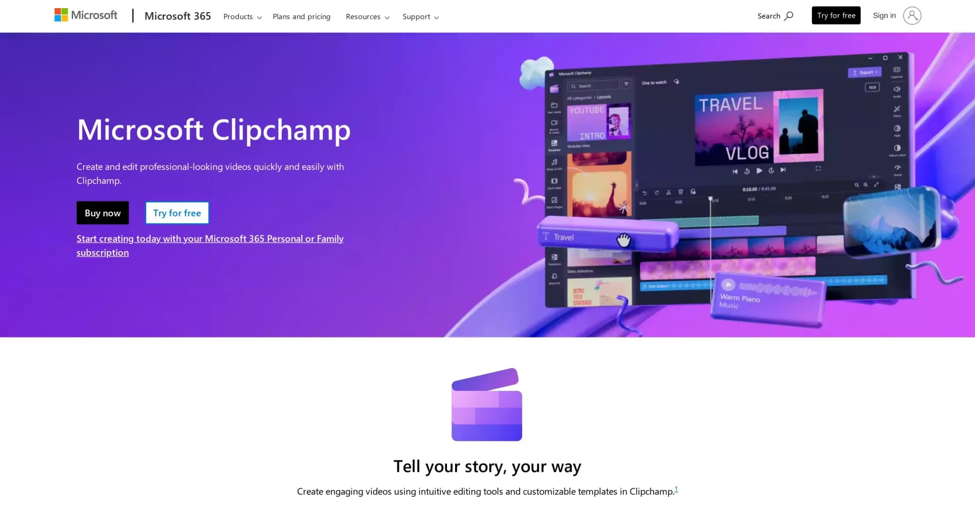 Clipchamp Video Editor homepage screenshot — Simplify video editing for high-quality results