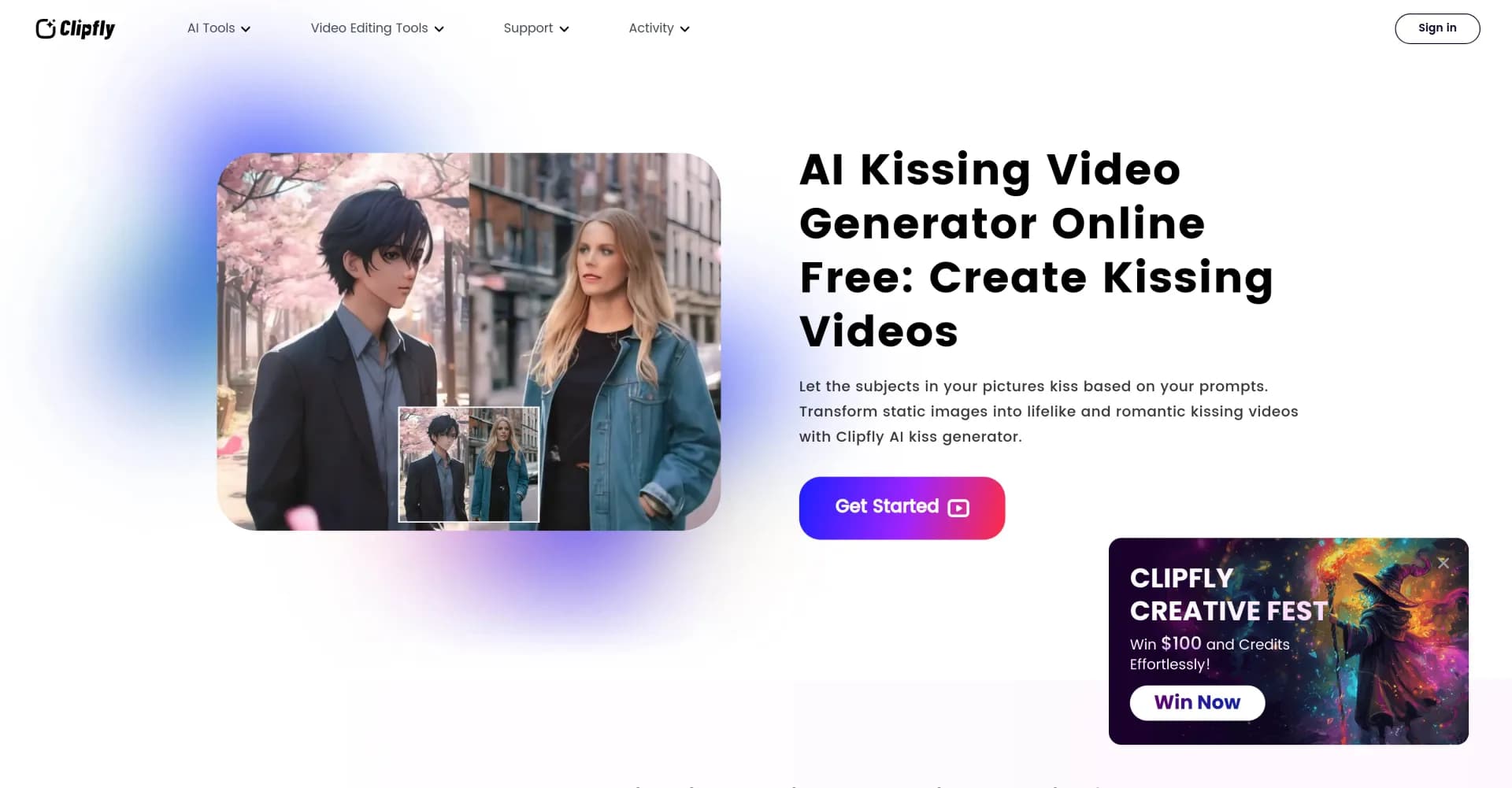 Clipfly AI Kissing Video Generator homepage screenshot — Create lifelike AI kissing videos from images