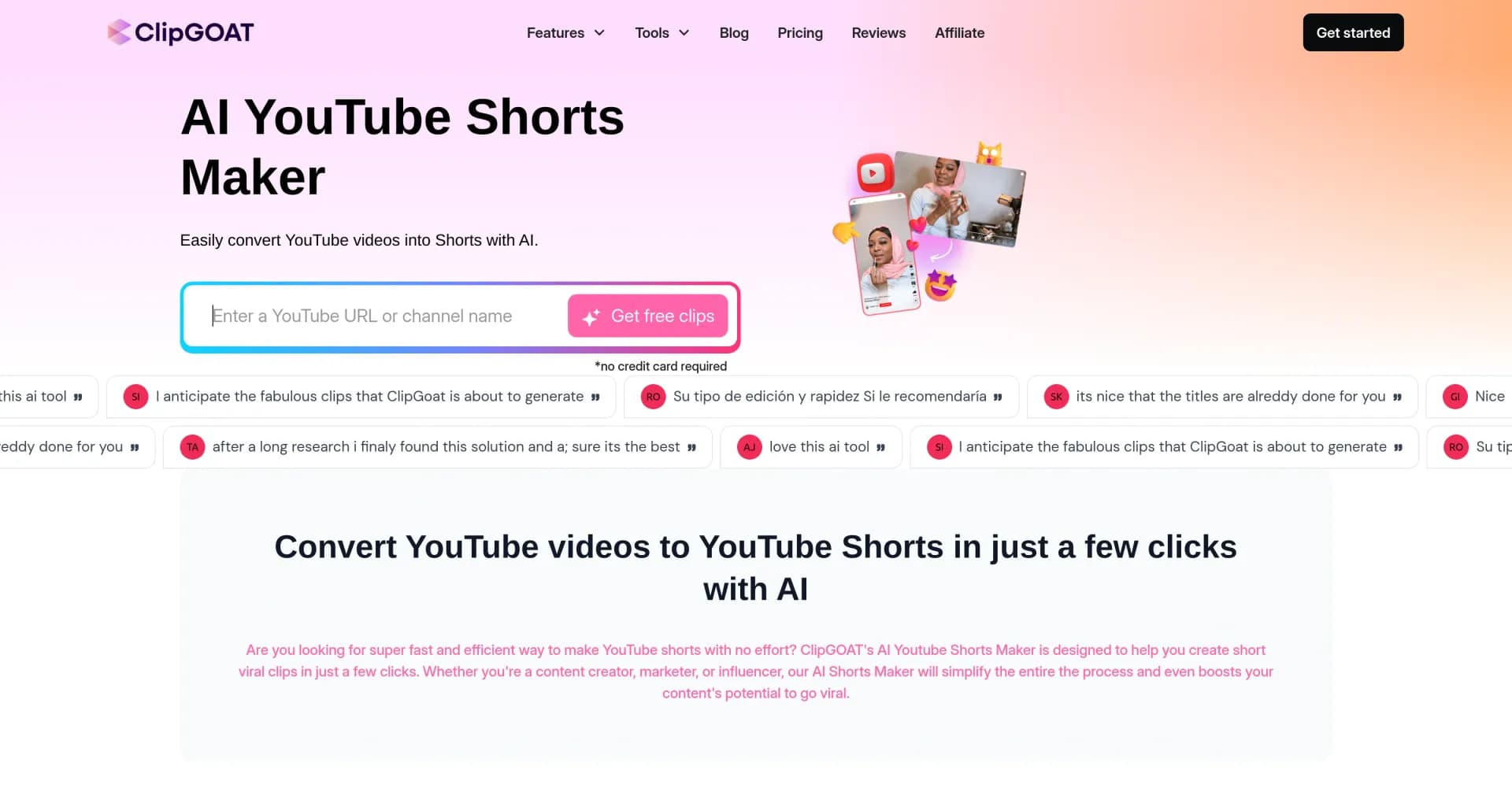 ClipGOAT homepage screenshot — Convert YouTube videos into viral Shorts with AI.