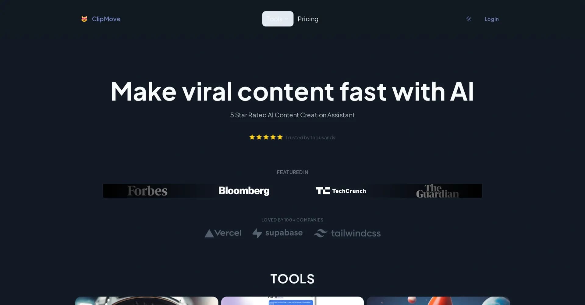 ClipMove homepage screenshot — Create viral content fast with AI