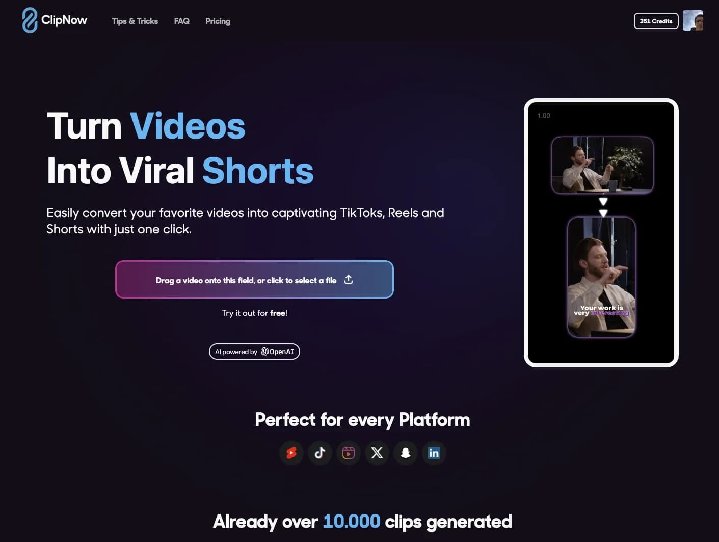 ClipNow homepage screenshot — Repurpose your long-form videos into viral shorts with AI.