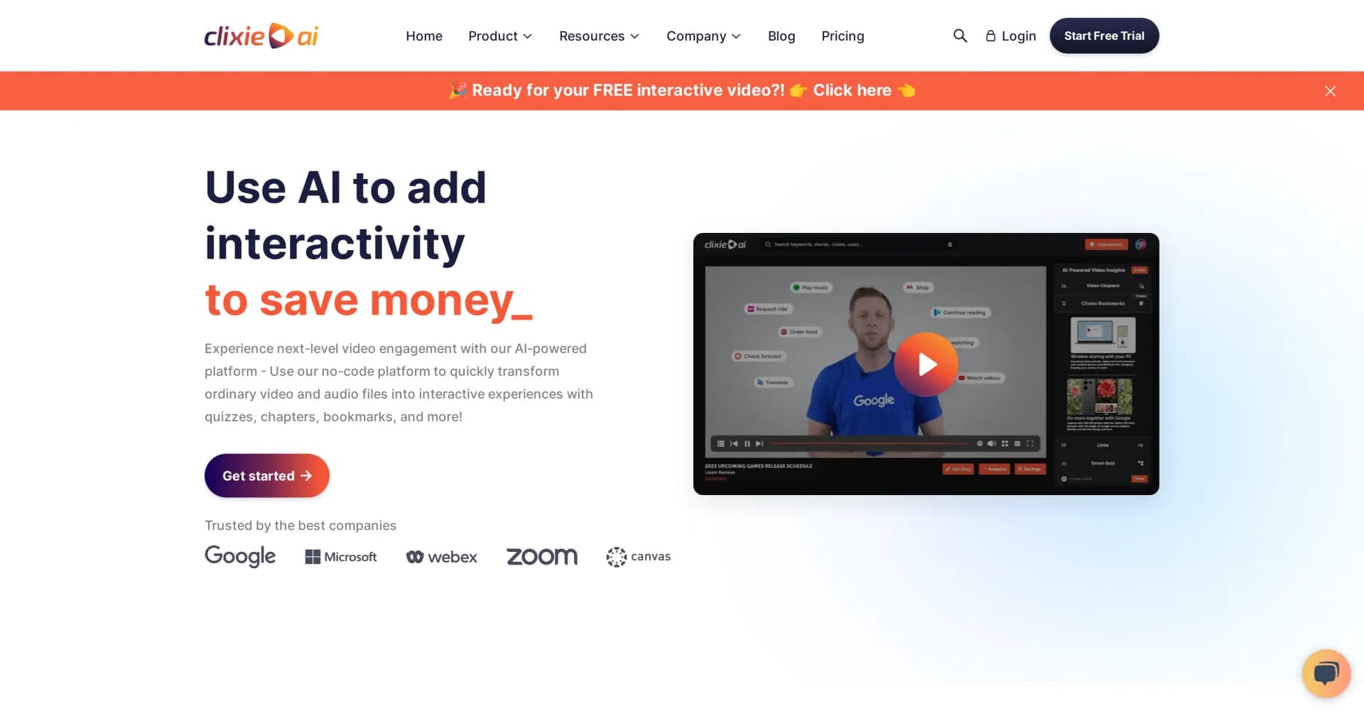 Clixie homepage screenshot — Make any video interactive in seconds