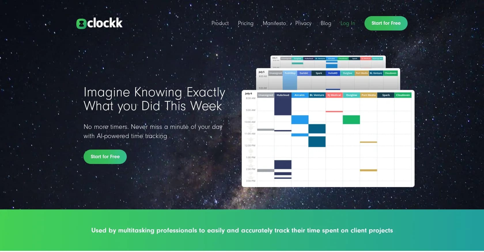 Clockk homepage screenshot — AI-powered time tracking for your workweek.