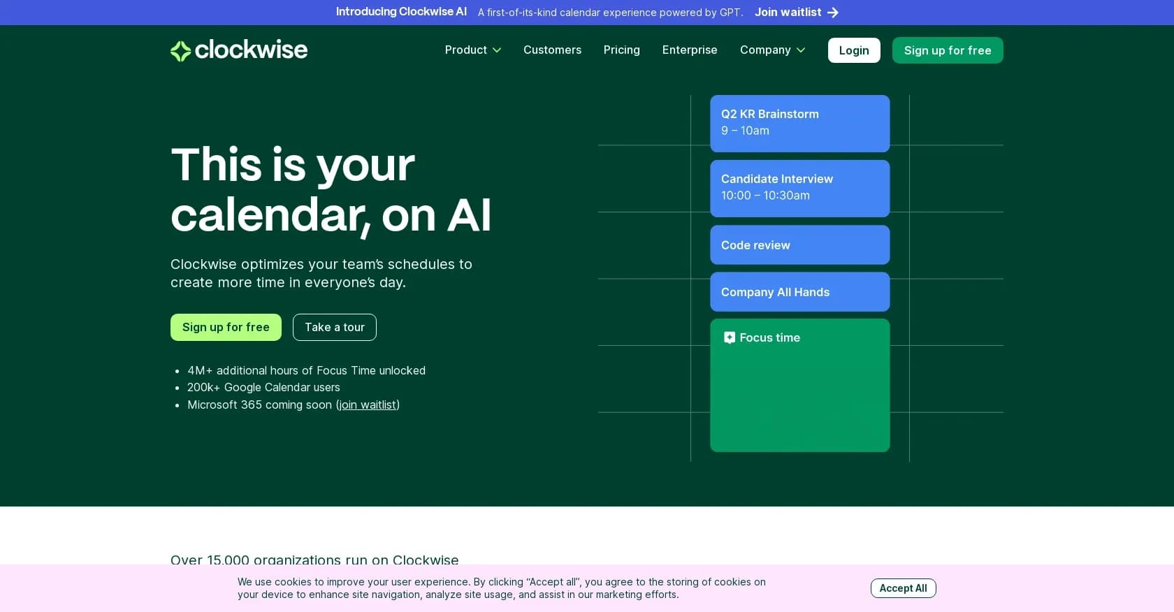 Clockwise homepage screenshot — Optimized team schedule assistant.