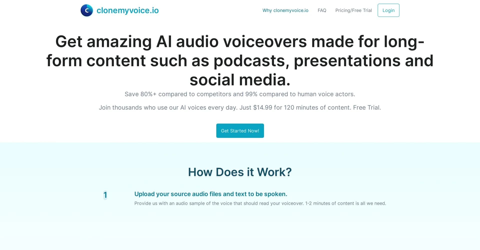 Clonemyvoice homepage screenshot — AI voiceovers for podcasts and presentations