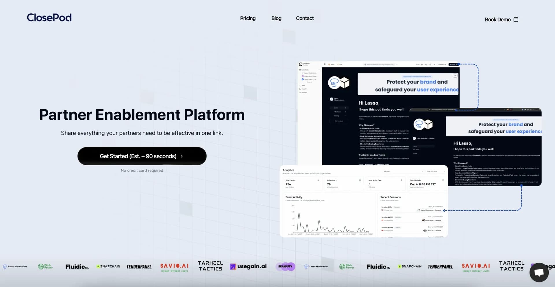 ClosePod homepage screenshot — AI-powered channel partner enablement software