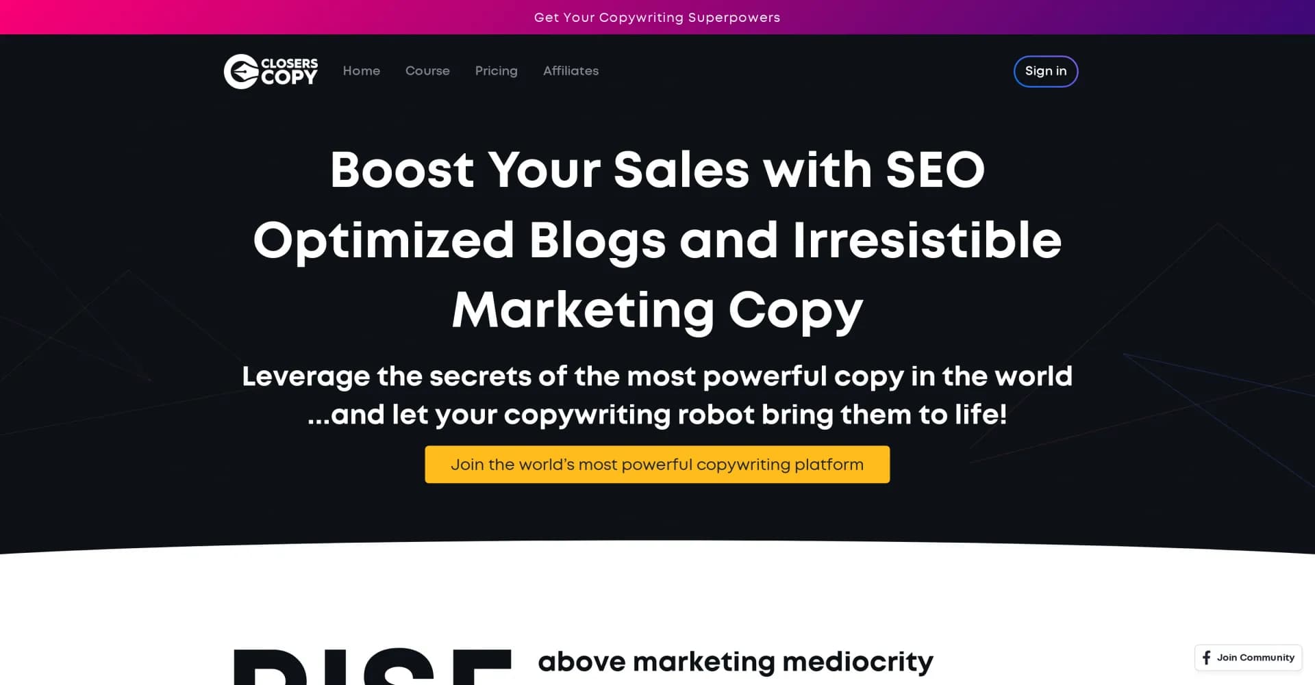 ClosersCopy homepage screenshot — AI-powered copywriting to boost sales and SEO