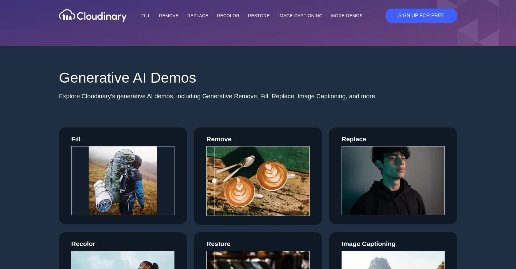 Cloudinary homepage screenshot — Explore AI image transformations for enhanced workflows.