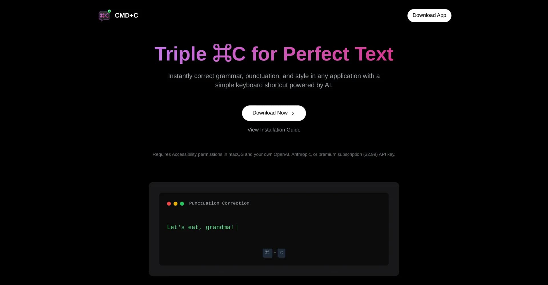 CMD-C.app homepage screenshot — Triple CMD-C for instant text perfection on macOS.