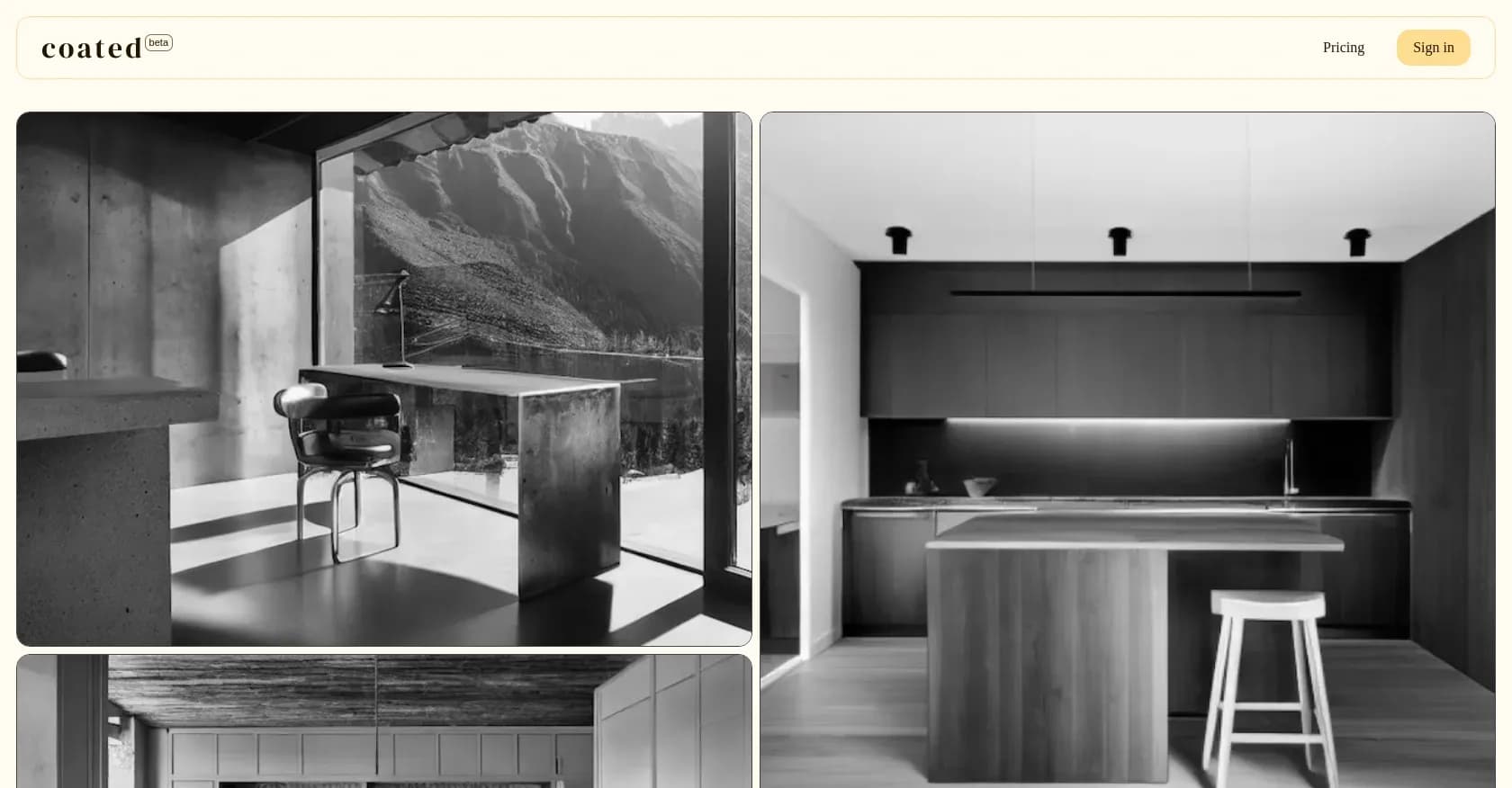 Coated homepage screenshot — AI-powered interior design at your fingertips