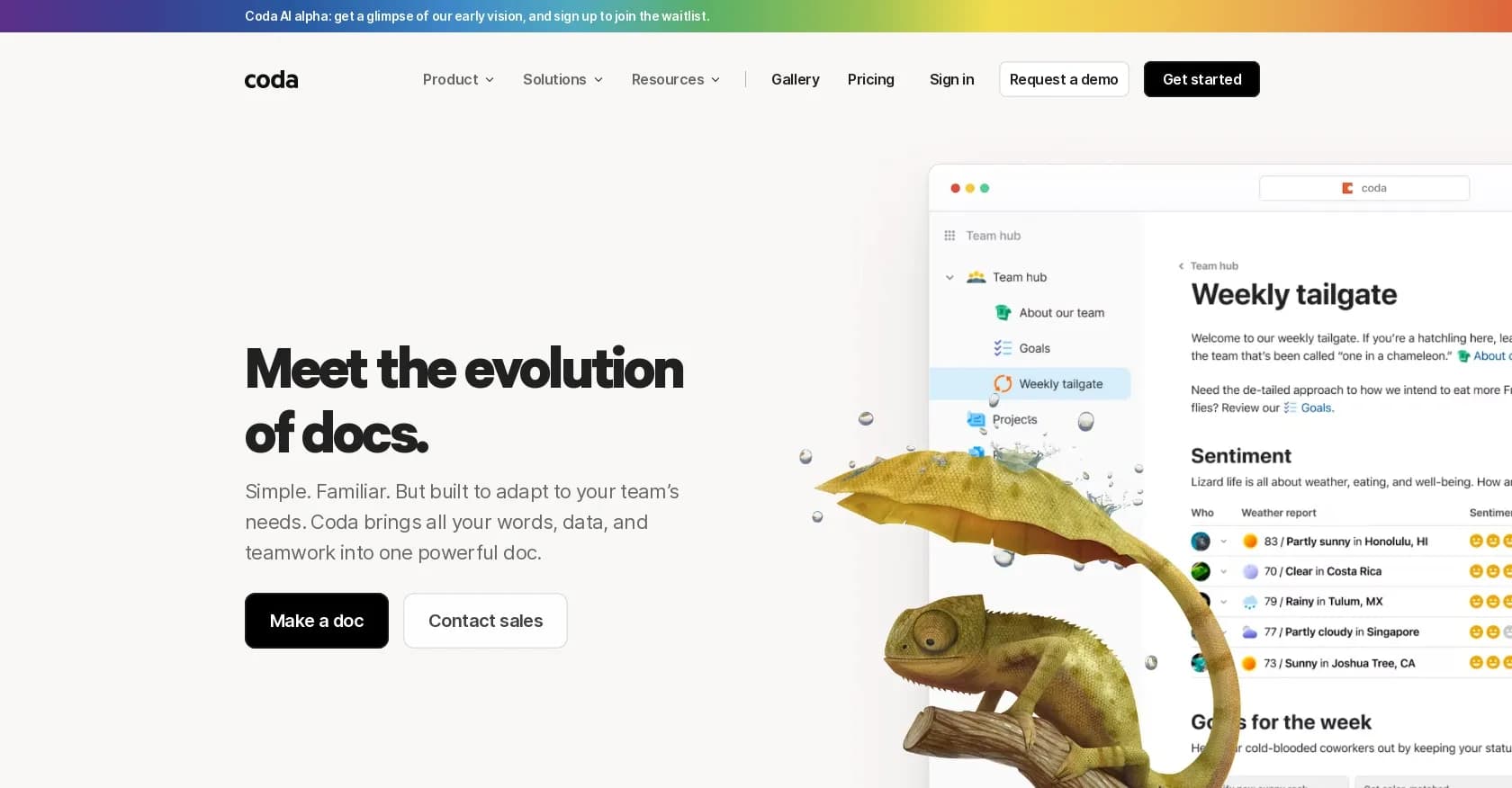 Coda AI homepage screenshot — The doc for everyone, meet the evolution of docs