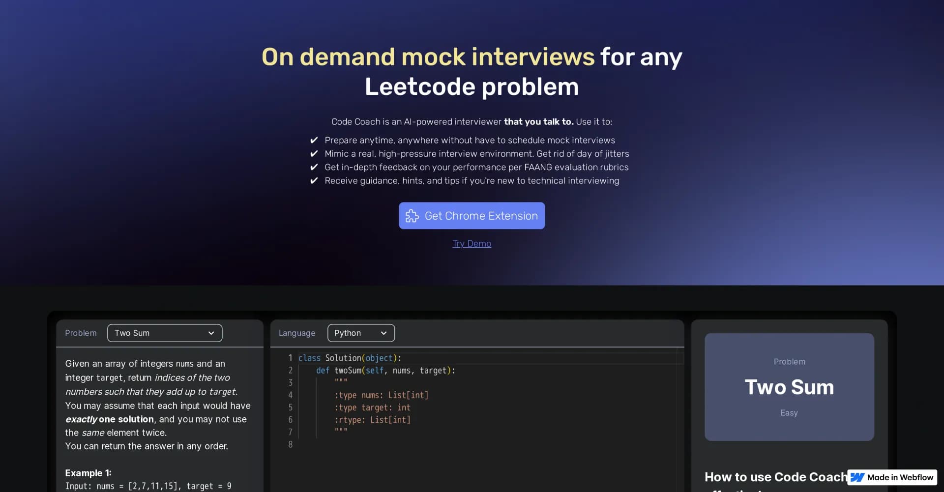 Code Coach homepage screenshot — On-demand mock interviews for LeetCode problems