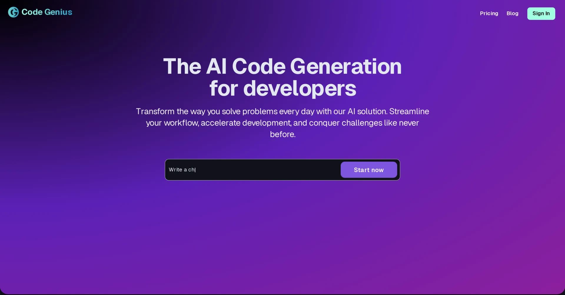 Code-genius homepage screenshot — AI code generation for developers