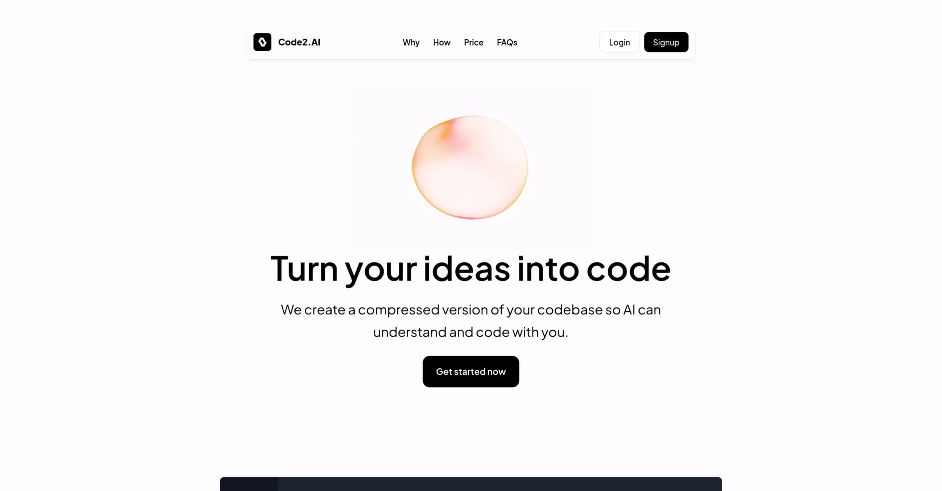 Code2.AI homepage screenshot — Turn your ideas into code in minutes.