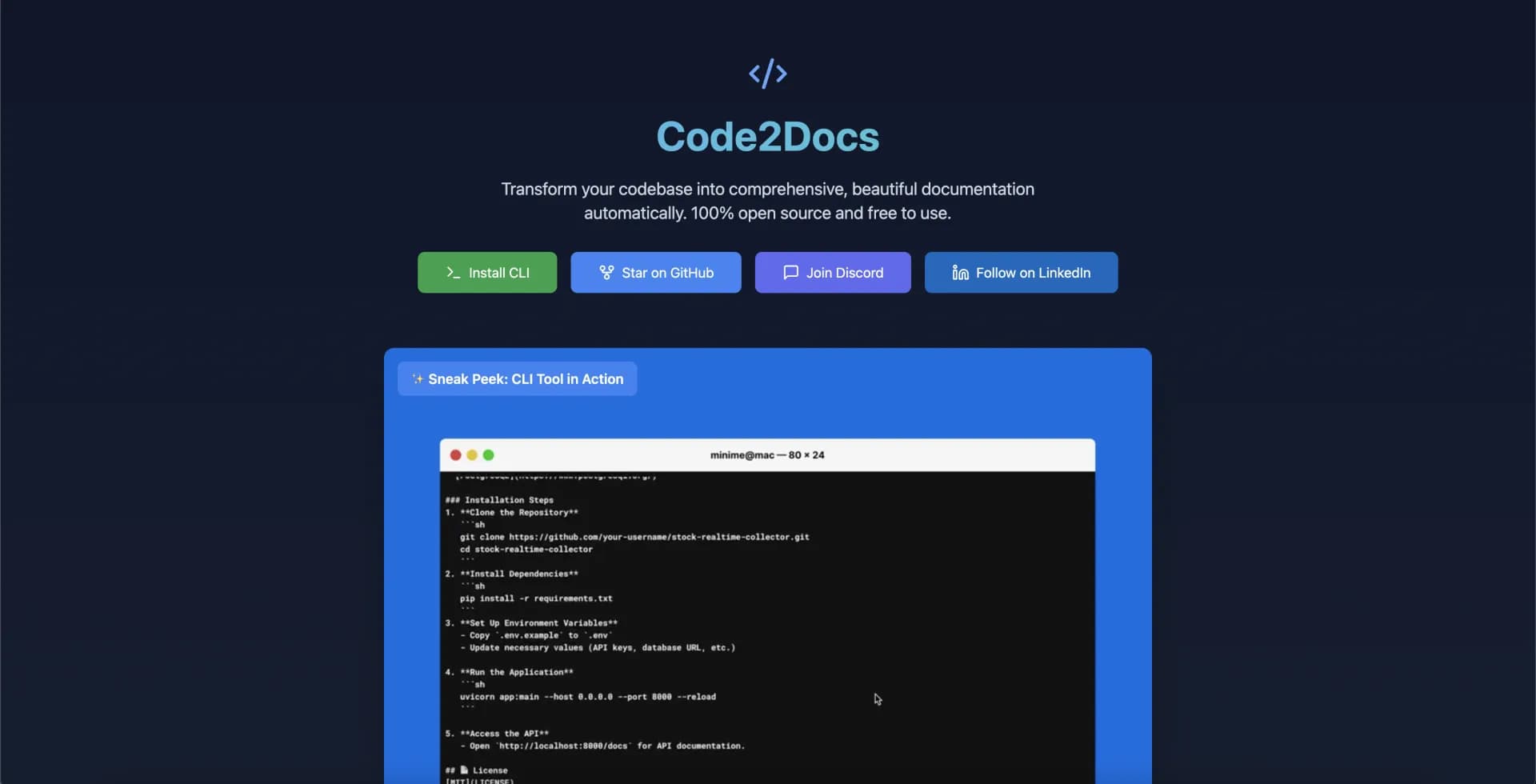 Code2Docs homepage screenshot — Transform your codebase into comprehensive, beautiful docume