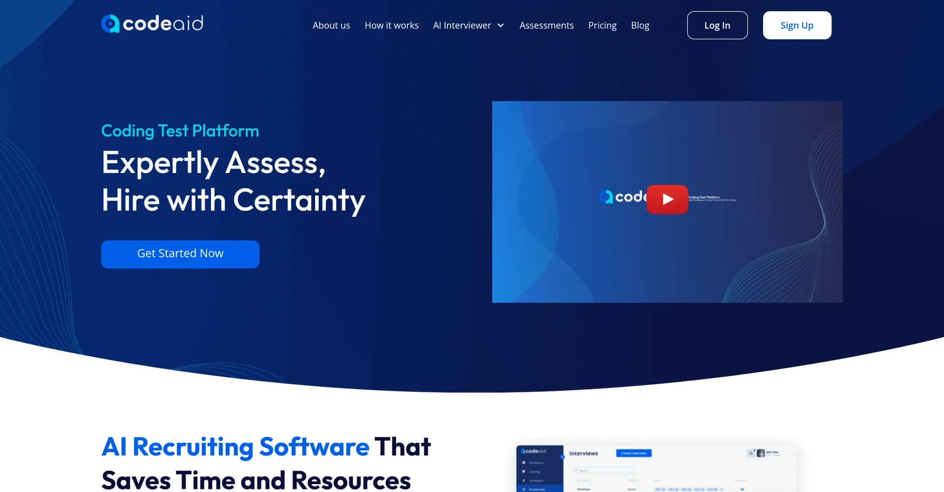 Codeaid homepage screenshot — Revolutionize coding assessments with AI-powered hiring.
