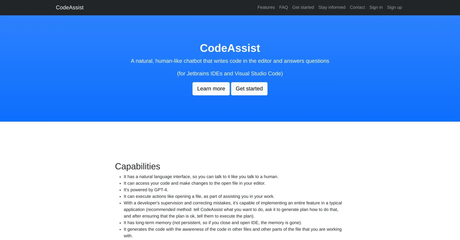 CodeAssist Tech homepage screenshot — AI chatbot that writes code and answers questions in your ID