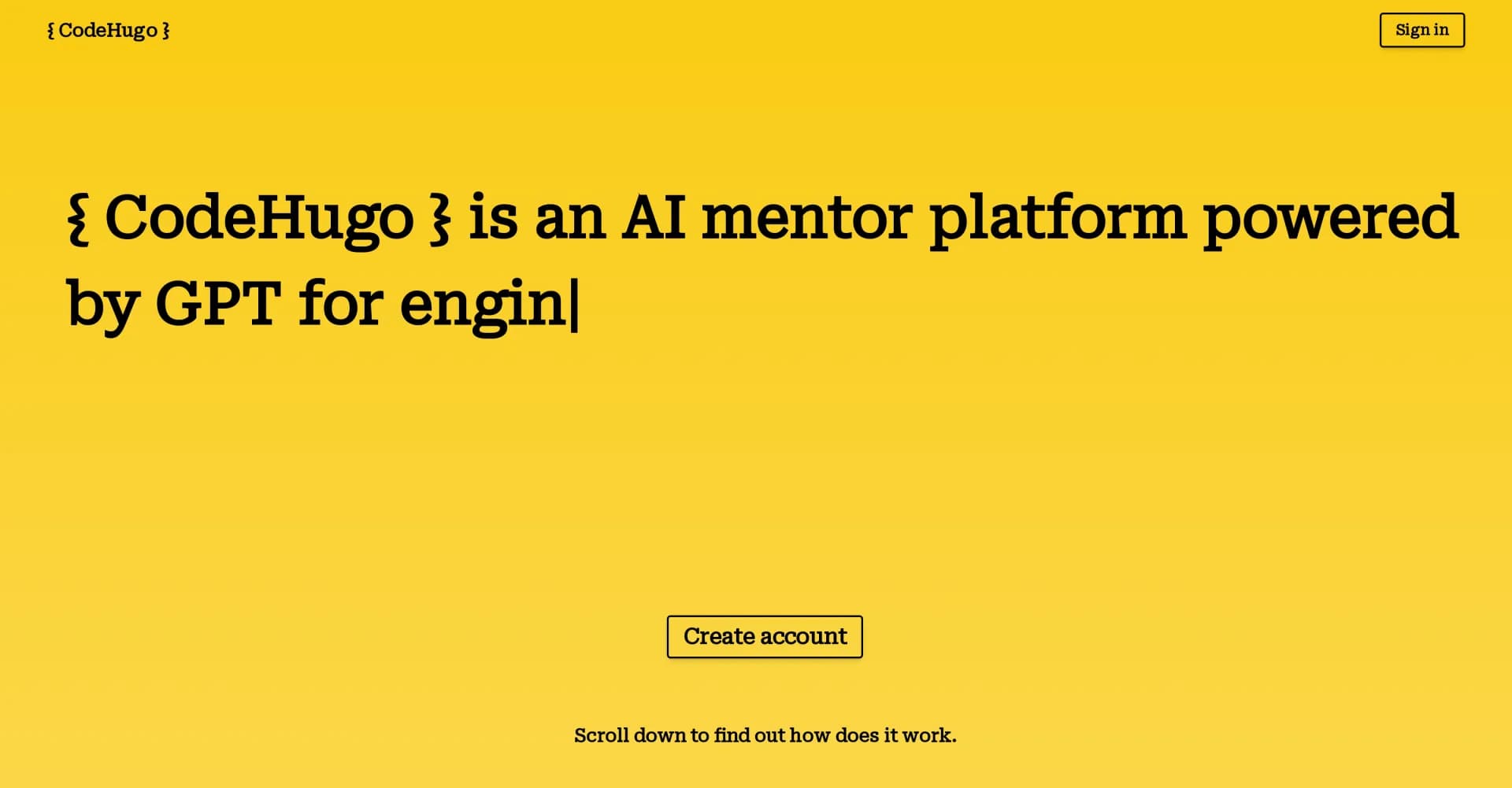 CodeHugo homepage screenshot — Learn and improve coding with AI mentorship.