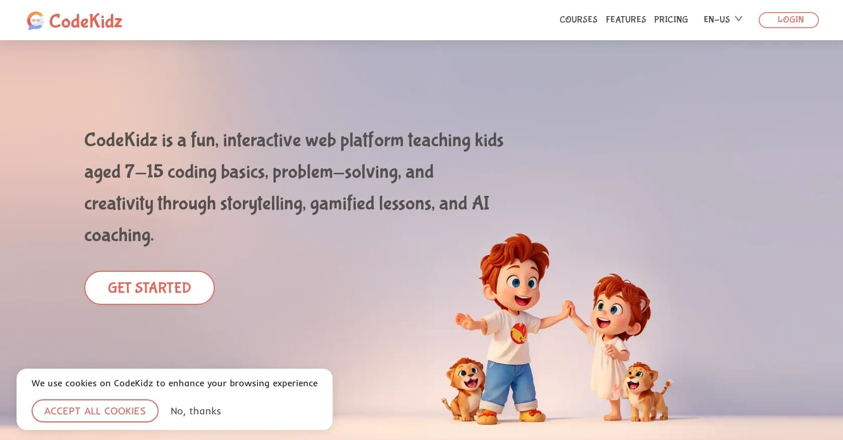 Codekidz homepage screenshot — Fun coding for kids with AI coaching