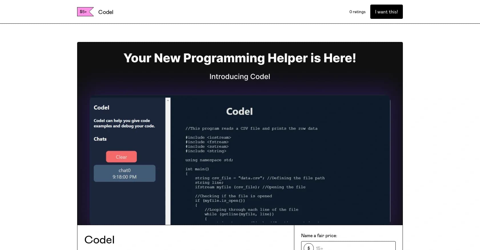 Codel homepage screenshot — AI-powered code examples and debugging assistant.