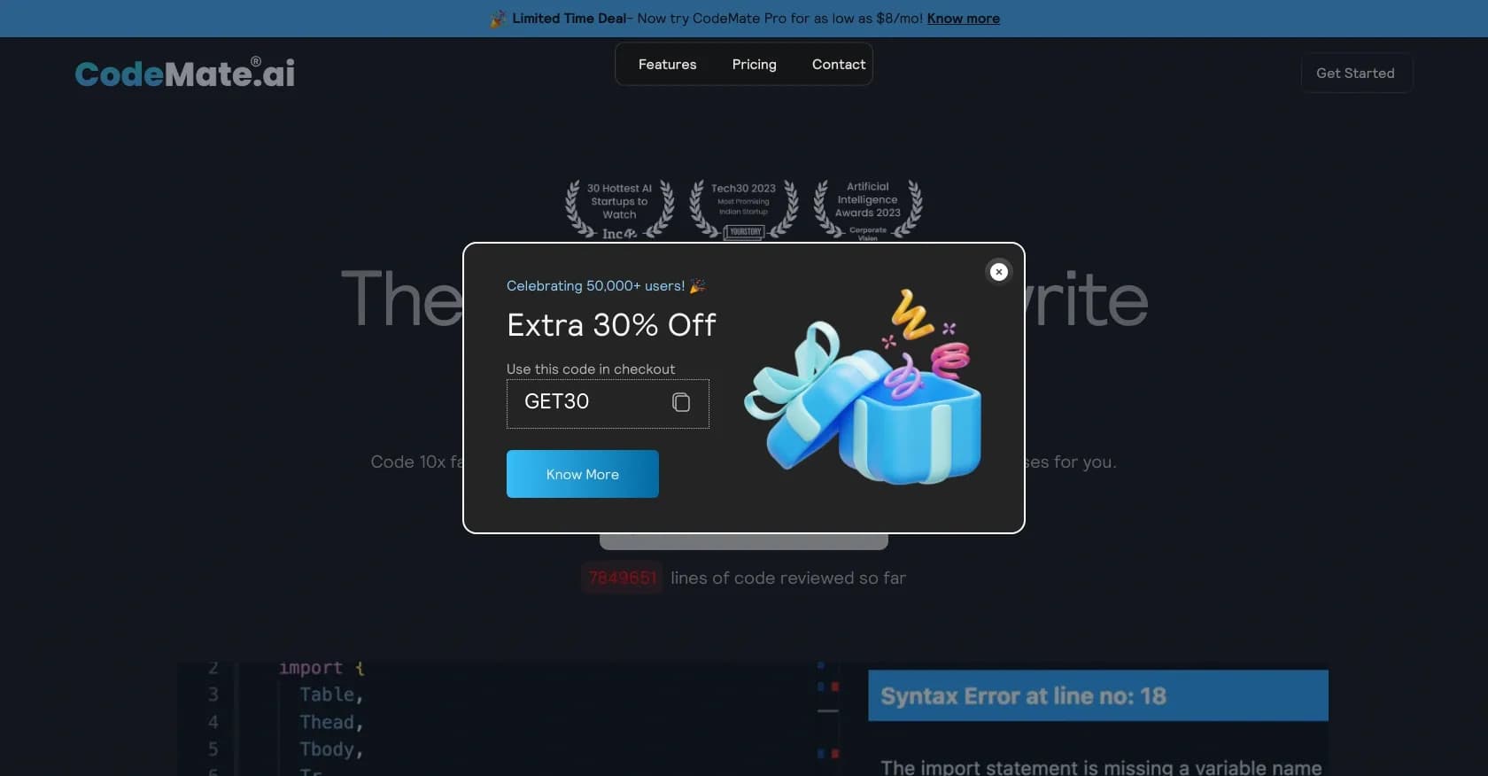 CodeMate homepage screenshot — Code 10x faster with AI-powered search and navigation.