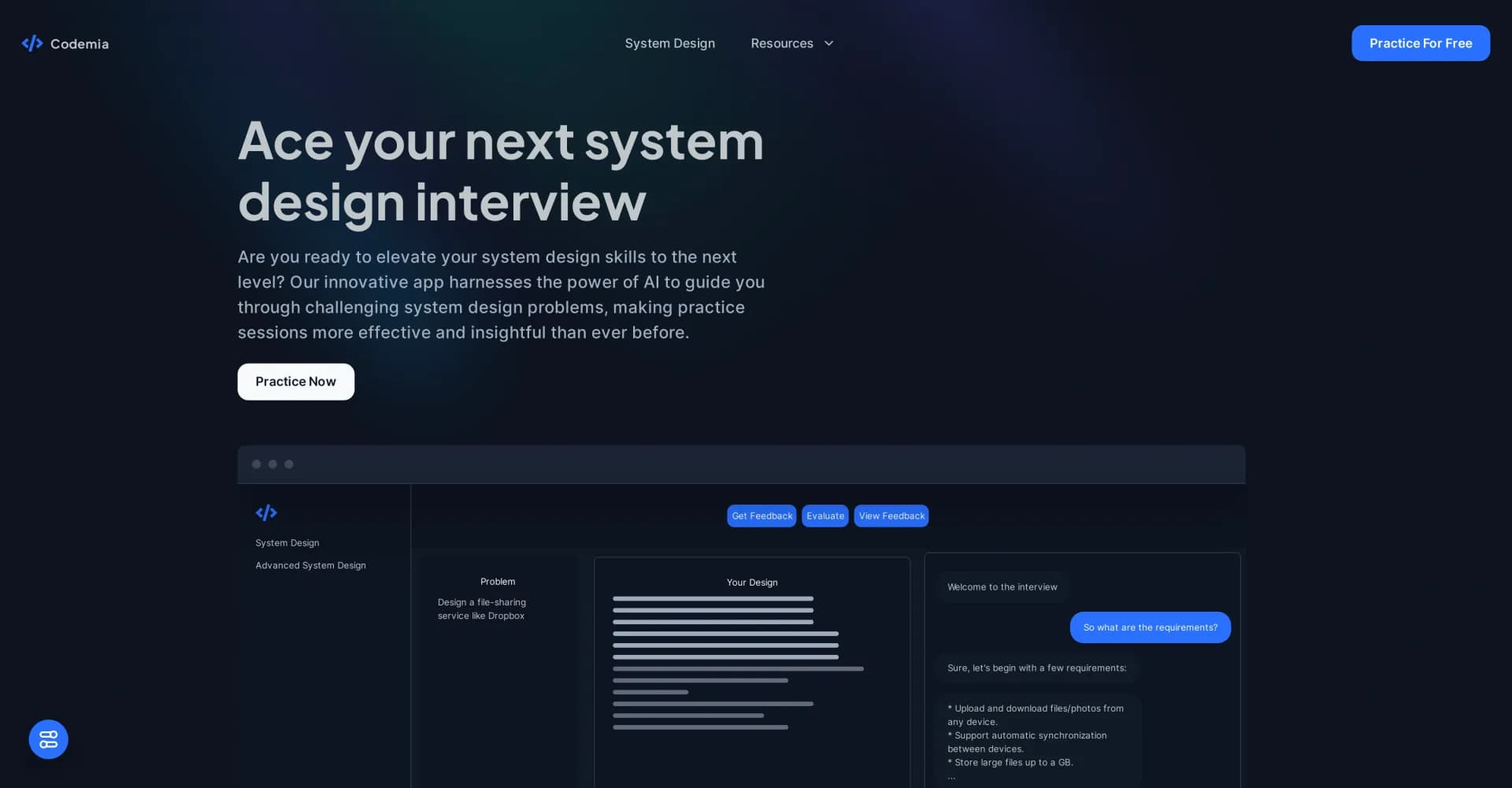 Codemia homepage screenshot — AI-powered system design interview prep.