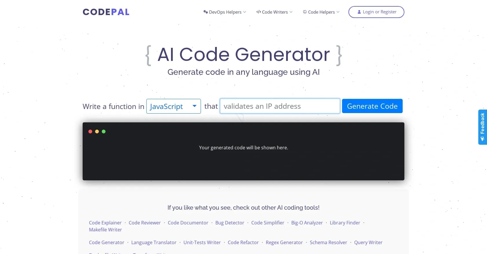 CodePal homepage screenshot — Generate code from natural language