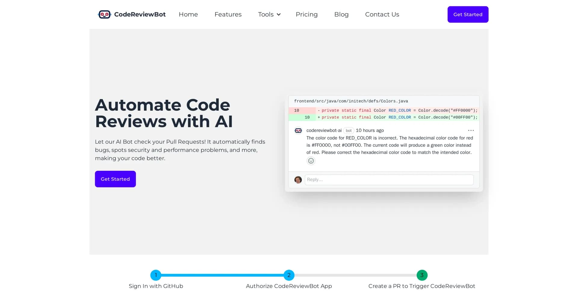 CodeReviewBot homepage screenshot — AI-powered code reviews for GitHub pull requests