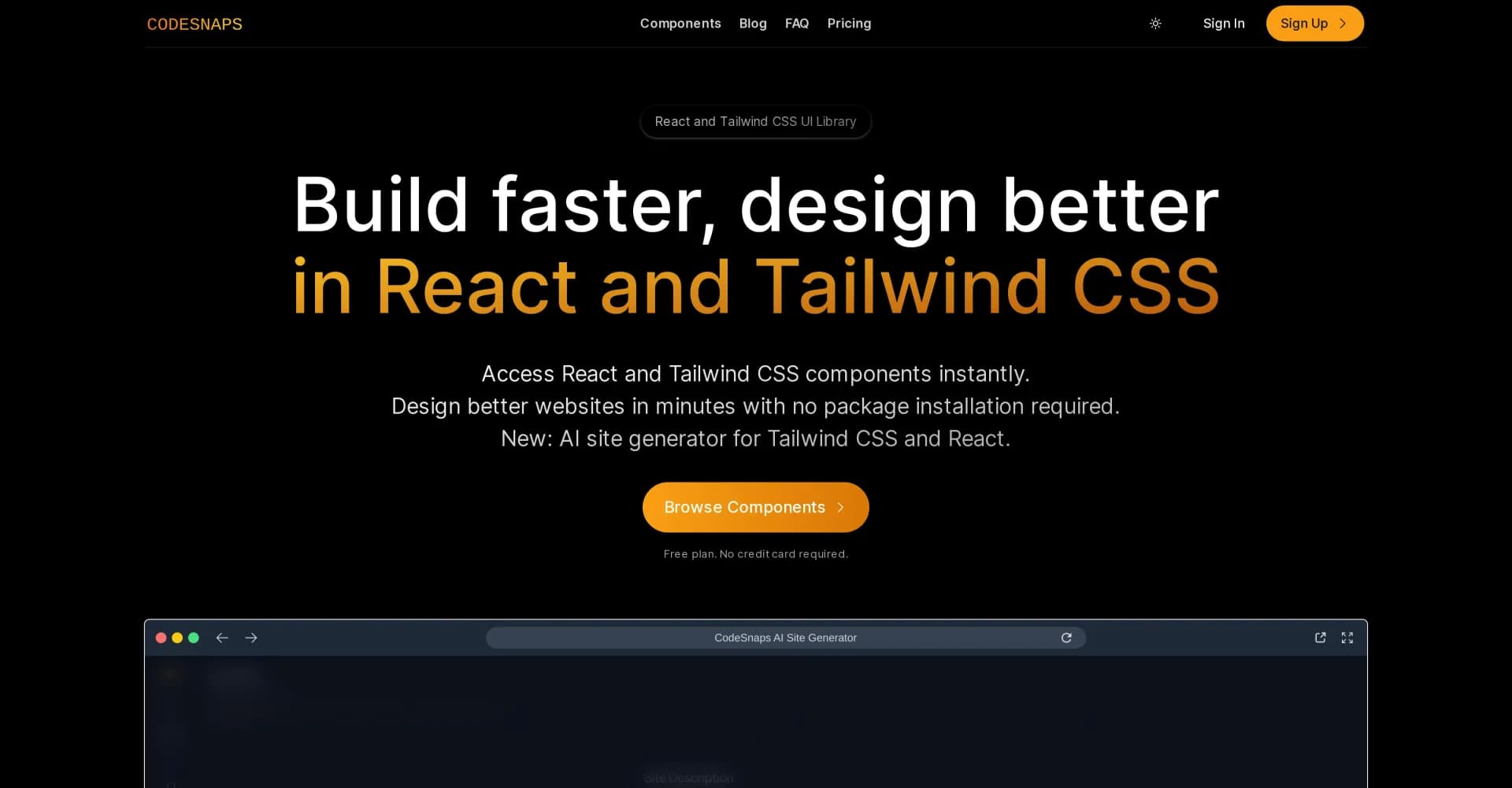 CodeSnaps homepage screenshot — Build faster, design better in React and Tailwind CSS