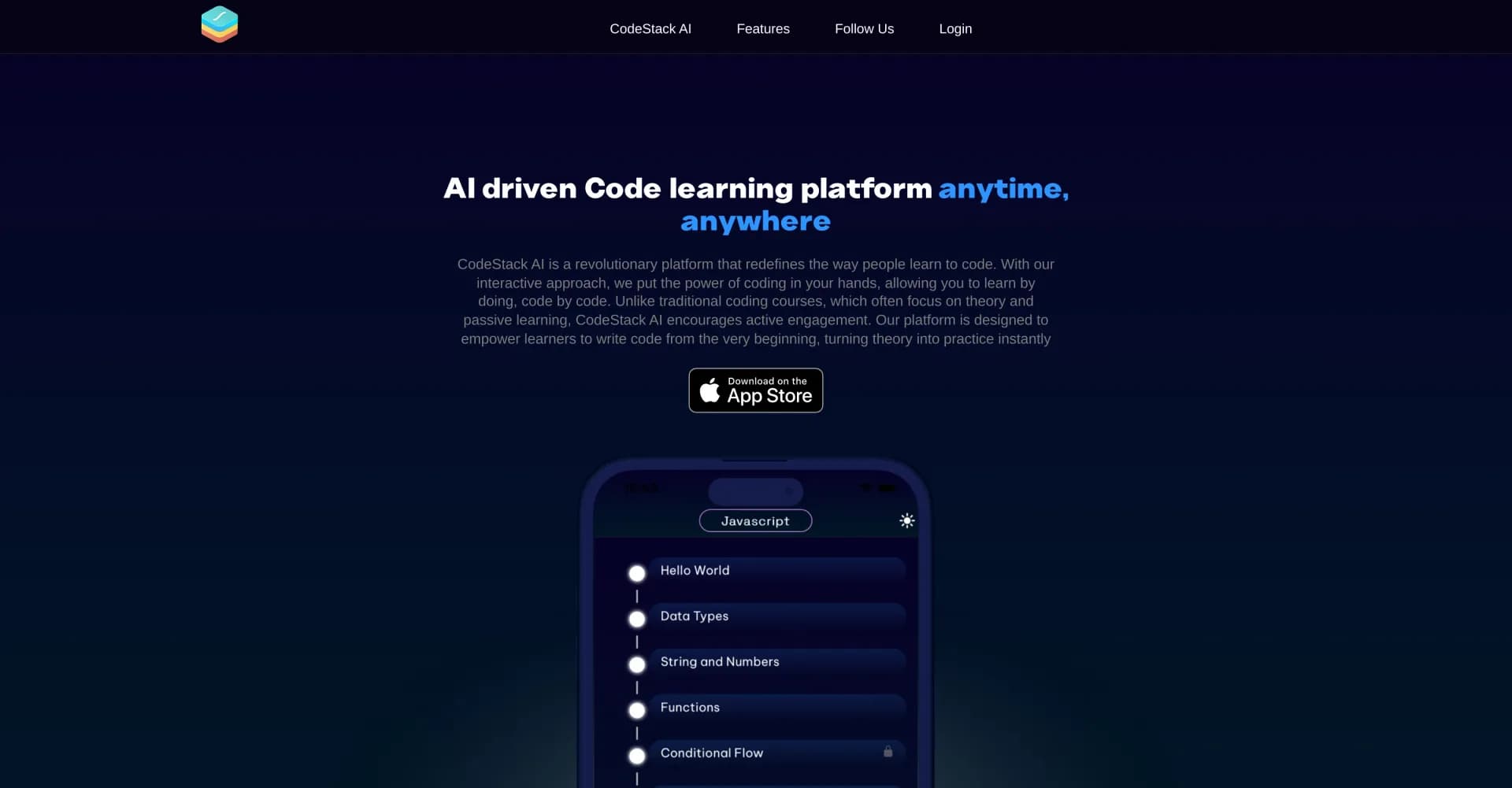 CodeStack AI homepage screenshot — AI-driven code learning platform for hands-on practice anyti