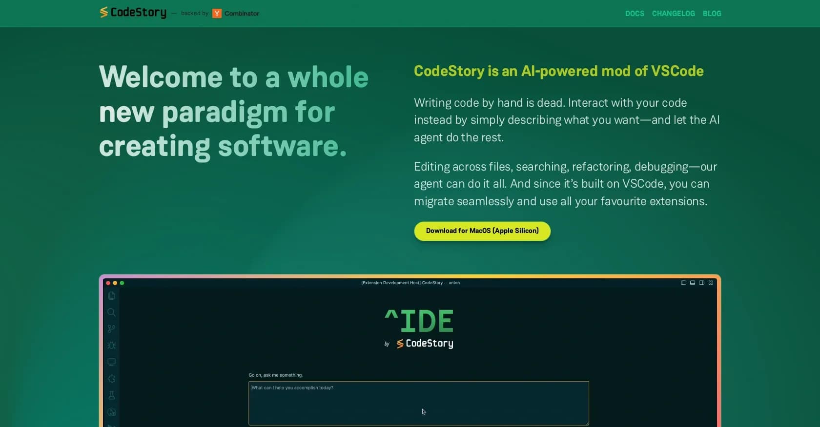 CodeStory homepage screenshot — AI-powered coding assistant for VSCode
